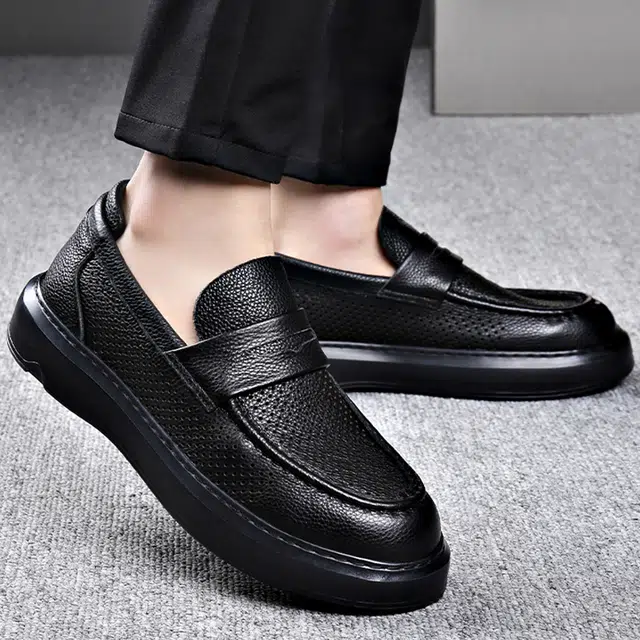 头层牛皮牛皮革 商务通勤必备一脚蹬镂空透气鞋款 时尚鞋履 男款 经典黑色