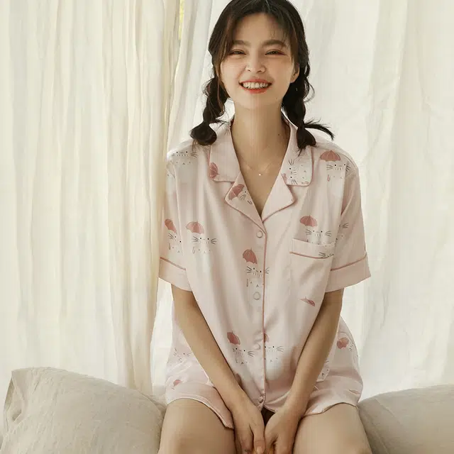 北极绒 可爱卡通舒适短袖三分裤睡衣套装 女款 杏粉色