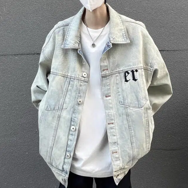 寻星记 美式复古高街风十字架水洗做旧翻领工装牛仔外套 男女同款