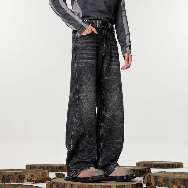 大格子与黑猫 黑色复古水洗直筒爆裂纹设计高级宽松阔腿垂感裤子牛仔裤 男女同款