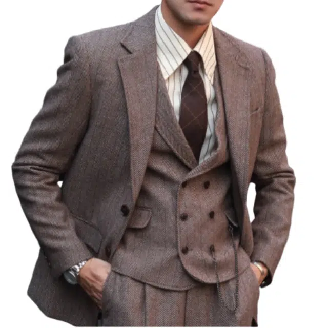 大格子与黑猫 复古英伦雅痞咖啡色浴血黑帮风羊毛粗花呢人字纹休闲修身外套西装 男款
