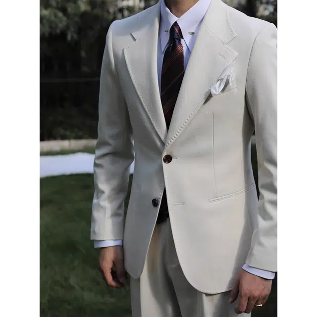 大格子与黑猫 意式那不勒斯肌理面料度假婚礼儒雅老钱风杏色修身西服外套西装 男款