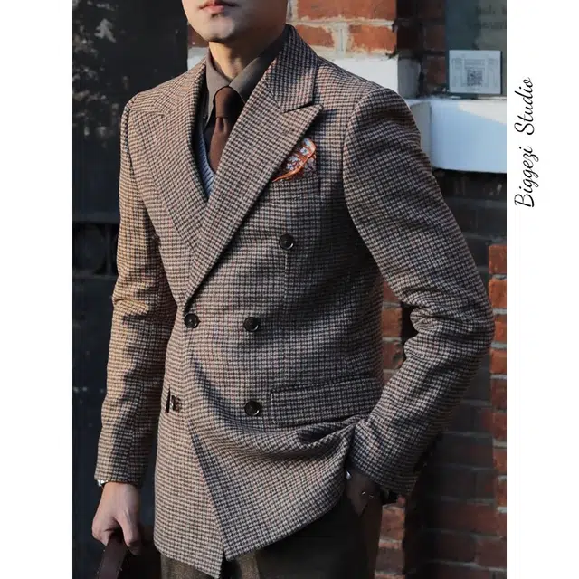 大格子与黑猫 复古英伦雅痞咖啡色格子秋冬双排扣呢子厚款休闲修身保暖外套 西装 男款