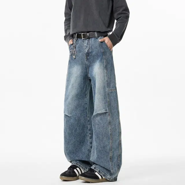 大格子与黑猫 裤子潮流打褶解构春秋款宽松直筒弯刀阔腿高街美式帅气牛仔裤 男款