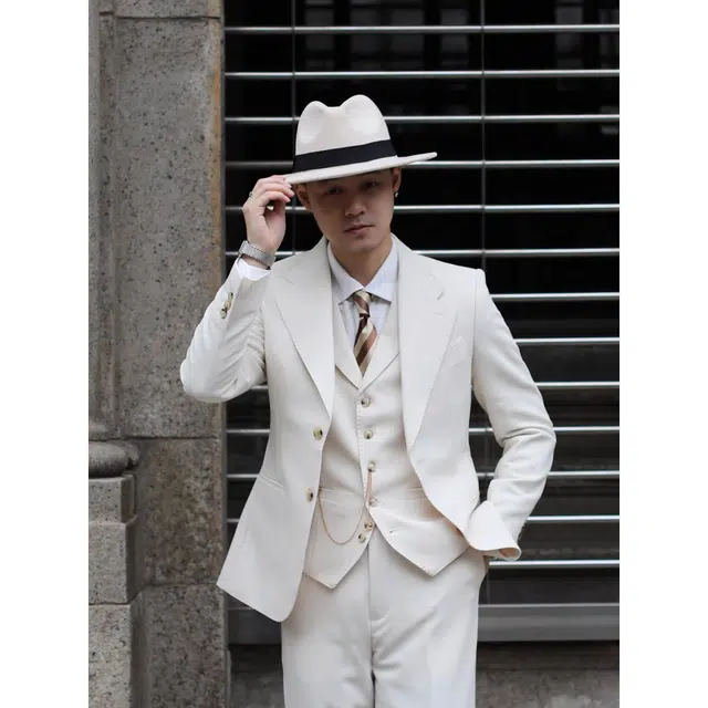 大格子与黑猫 意式那不勒斯浪漫优雅度假婚礼儒雅老钱风杏色修身西服外套西装 男款