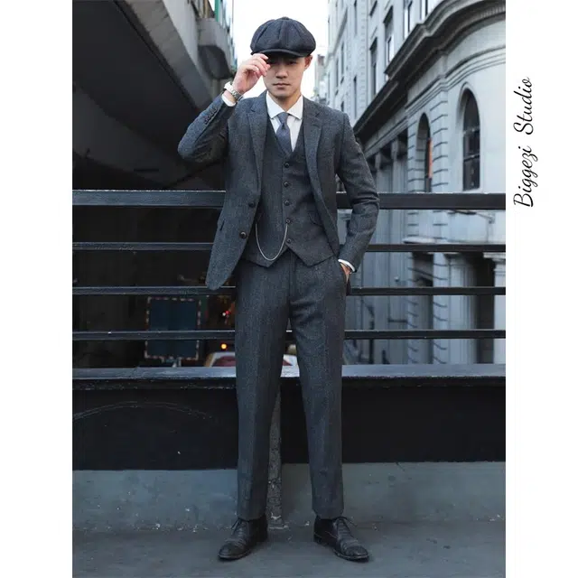 大格子与黑猫 复古英伦雅痞绅士 浴血黑帮风 羊毛粗花呢人字纹休闲修身外套 西装 男款