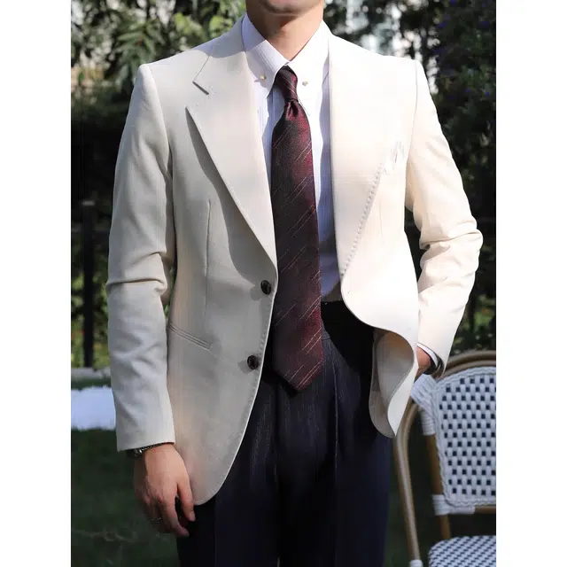 大格子与黑猫 意式那不勒斯肌理面料度假儒雅老钱风杏色修身休闲西服外套 西装 男款