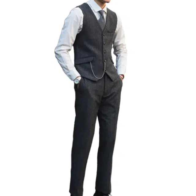 大格子与黑猫 复古英伦雅痞绅士浴血黑帮风羊毛粗花呢人字纹休闲修身西装马甲 男款