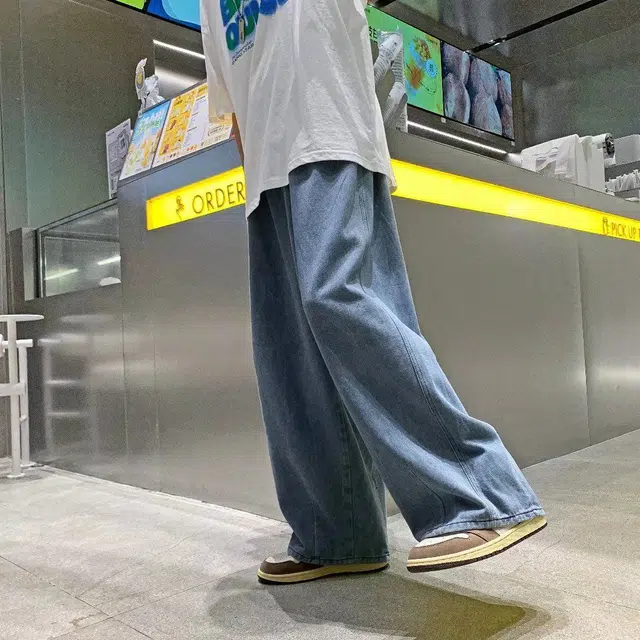 大格子与黑猫 日系复古男宽松直筒坠感港风秋季潮牌高街牛仔裤 男款
