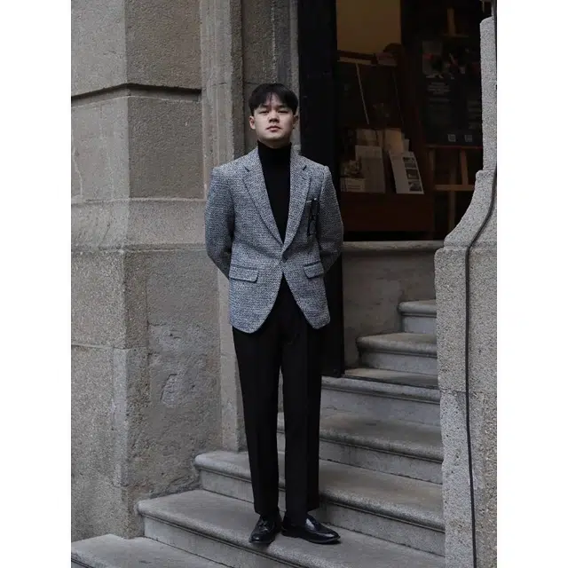 大格子与黑猫 英伦时髦潮流灰色粗纺人字纹毛呢秋冬厚款保暖小香风修身西服外套西装 男款