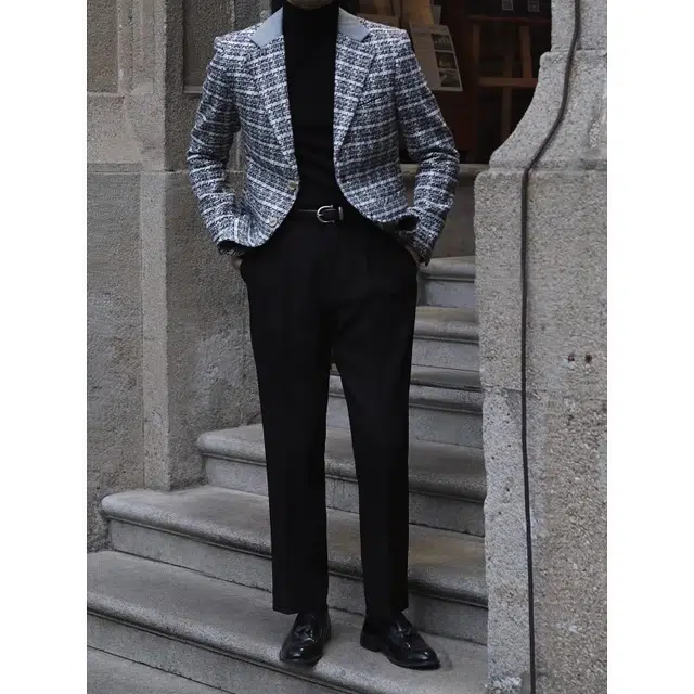 大格子与黑猫 英伦时髦秋冬厚款拼接小香风羊毛混纺保暖复古休闲修身外套西装 男款