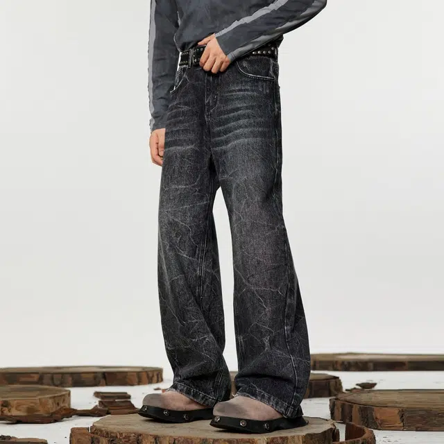 大格子与黑猫 黑色复古水洗直筒爆裂纹设计高级宽松阔腿垂感裤子牛仔裤 男女同款