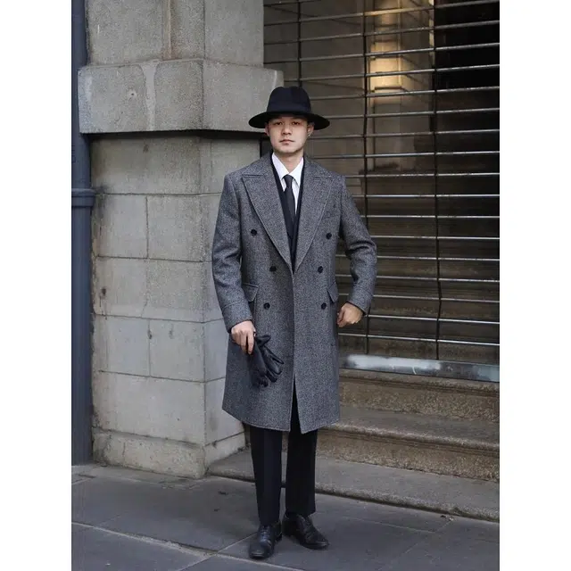 大格子与黑猫 英伦复古外套西装领羊毛呢 粗花呢人字纹双排扣秋冬厚款马球 大衣 男款