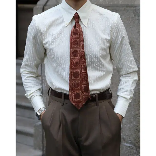 大格子与黑猫 [两色] 意式复古大尖领泡泡纱绅士雅痞商务休闲修身条纹衬衫 男款