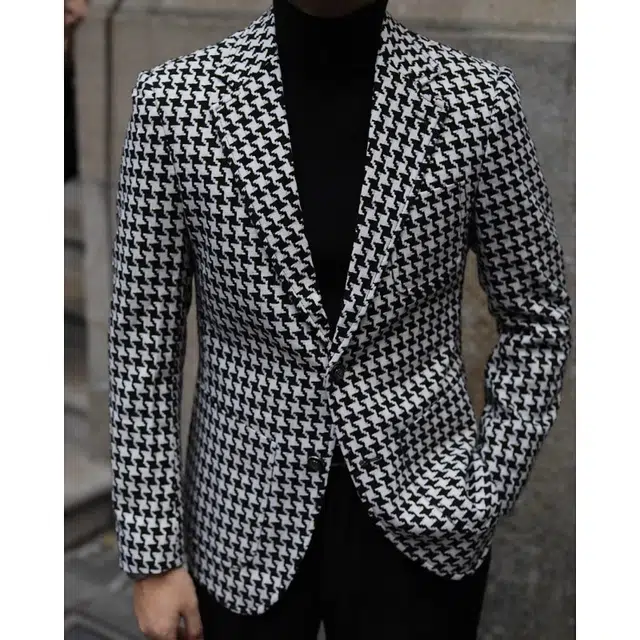 大格子与黑猫 英伦秋冬厚款羊毛混纺小香风金线编织时髦毛呢修身千鸟格外套西装 男款
