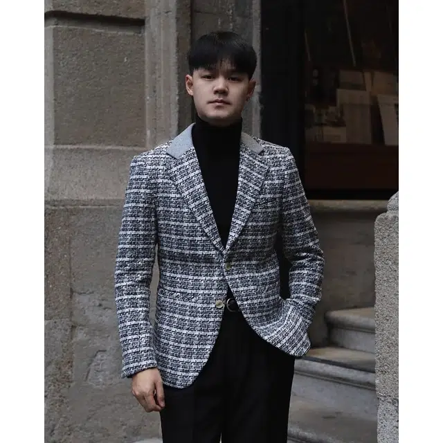 大格子与黑猫 英伦时髦秋冬厚款拼接小香风羊毛混纺保暖复古休闲修身外套西装 男款