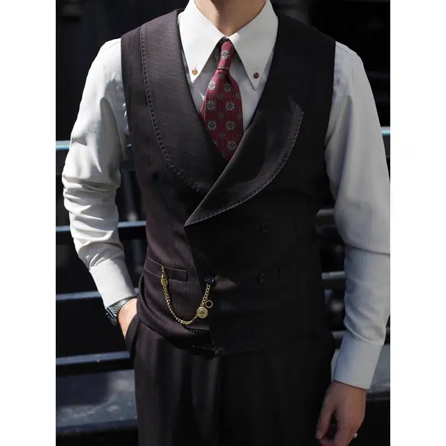 大格子与黑猫 英伦复古青果领双排扣新郎结婚婚礼 雅痞绅士条纹修身西装领 马甲 男款