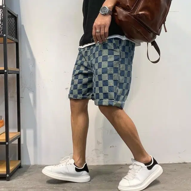 大格子与黑猫 复古做旧立体层次格子小众日系抽绳松紧腰宽松牛仔夏季五分裤短裤 男款