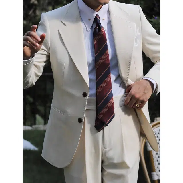 大格子与黑猫 意式那不勒斯肌理面料度假婚礼儒雅老钱风杏色修身西服外套西装 男款