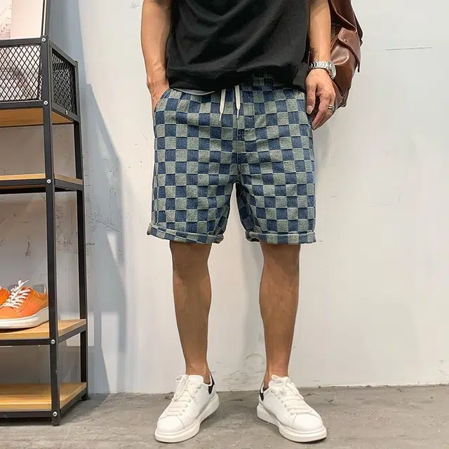 大格子与黑猫 复古做旧立体层次格子小众日系抽绳松紧腰宽松牛仔夏季五分裤短裤 男款