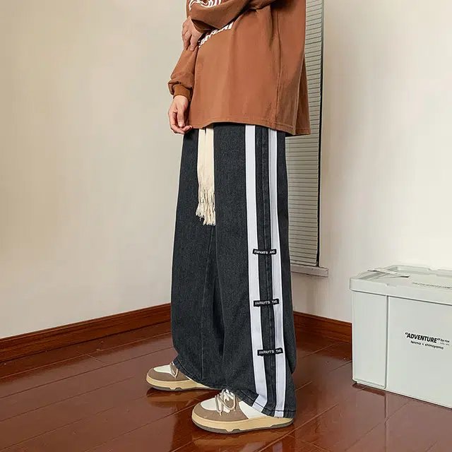 大格子与黑猫 美式复古阔腿牛仔裤男宽松直筒拼接工装裤秋季高街大码长裤子休闲裤 男款