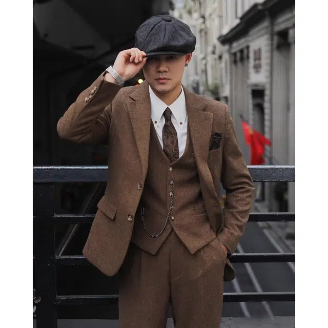 大格子与黑猫 复古英伦雅痞咖啡色风休闲羊毛粗花呢人字纹修身文艺甜茶外套西装 男款