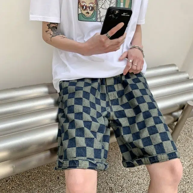 大格子与黑猫 复古做旧立体层次格子小众日系抽绳松紧腰宽松牛仔夏季五分裤短裤 男款