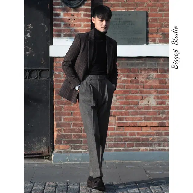 大格子与黑猫 意式复古格纹羊毛呢绅士修身西服英伦商务格子雅痞秋冬粗花呢西装 男款