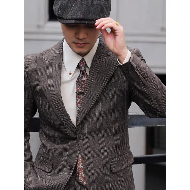 大格子与黑猫 英伦复古戗驳领威尔士亲王格纹西服结婚新郎婚礼雅痞绅士修身西装 男款