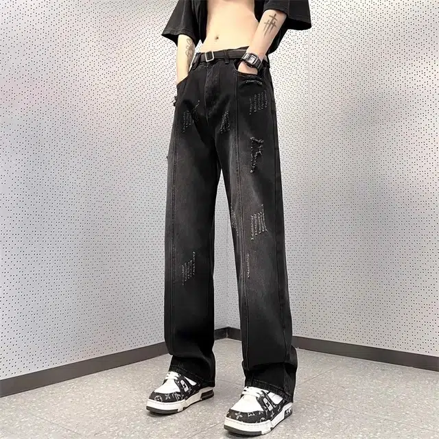 大格子与黑猫 裤子男潮流水洗破洞男春秋款宽松直筒高街美式帅气显瘦长裤牛仔裤 男款