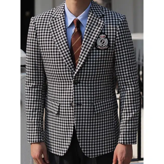 大格子与黑猫 英伦经典千鸟格时尚宴会主持雅痞型男学院风徽章修身西服外套西装 男款