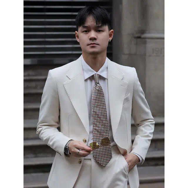 大格子与黑猫 意式那不勒斯浪漫优雅度假婚礼儒雅老钱风杏色修身西服外套西装 男款