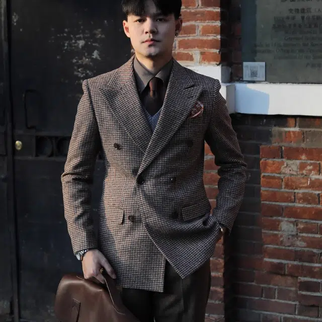 大格子与黑猫 复古英伦雅痞咖啡色格子秋冬双排扣呢子厚款休闲修身保暖外套 西装 男款