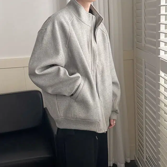 大格子与黑猫 韩版秋冬立领毛呢男女情侣宽松休闲纯色加厚外套夹克 男款