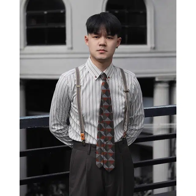 大格子与黑猫 英伦复古扣领修身长袖抗皱怀旧雅痞文艺港风美式条纹衬衣男衬衫 男款