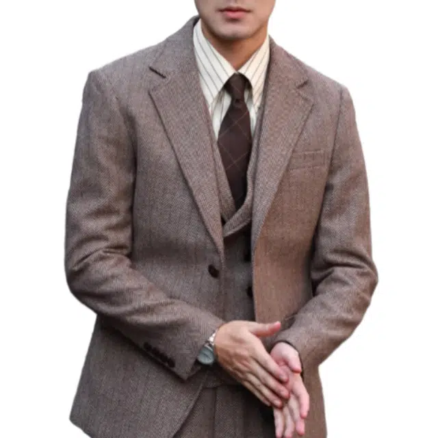 大格子与黑猫 复古英伦雅痞咖啡色浴血黑帮风羊毛粗花呢人字纹休闲修身外套西装 男款