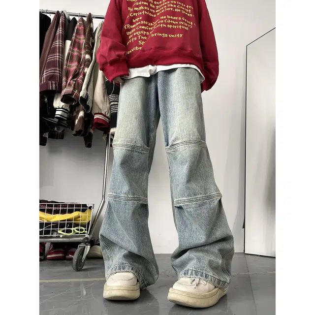 大格子与黑猫 水洗做旧男秋季美式复古阔腿拖地长裤潮牌宽松直筒休闲裤子牛仔裤 男款