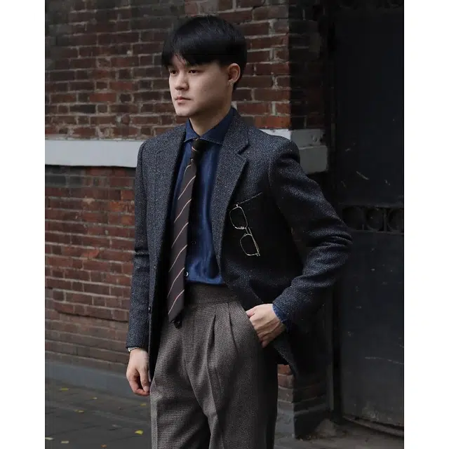 大格子与黑猫 英伦复古雅痞黑灰色羊毛粗花呢秋冬厚款人字纹休闲修身单外套西装 男款