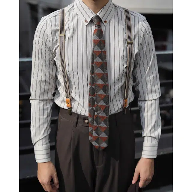 大格子与黑猫 英伦复古扣领修身长袖抗皱怀旧雅痞文艺港风美式条纹衬衣男衬衫 男款