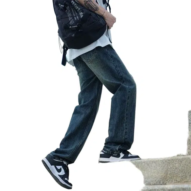 大格子与黑猫 复古直筒水洗男士春秋季美式高街宽松休闲裤子潮牌长裤牛仔裤 男款