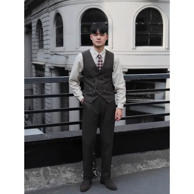 大格子与黑猫 复古英伦雅痞双排扣休闲修身结婚文艺怀旧欧美风新郎棕色西装马甲 男款