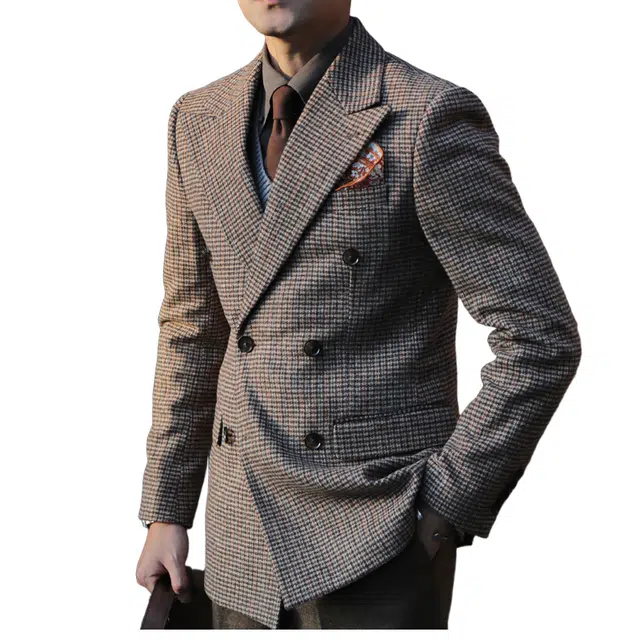 大格子与黑猫 复古英伦雅痞咖啡色格子秋冬双排扣呢子厚款休闲修身保暖外套 西装 男款