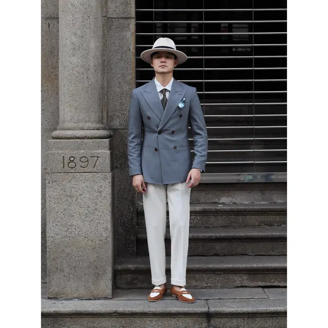 大格子与黑猫 英伦复古雅痞绅士鱼骨纹暗纹微厚双排扣结婚新郎修身西服外套 西装 男款