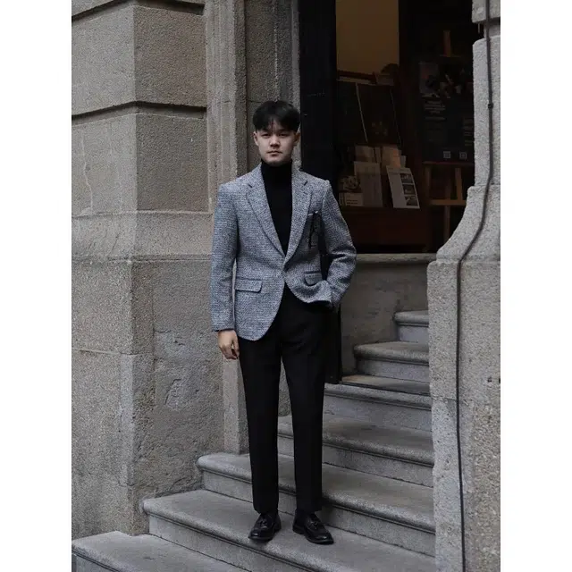 大格子与黑猫 英伦时髦潮流灰色粗纺人字纹毛呢秋冬厚款保暖小香风修身西服外套西装 男款