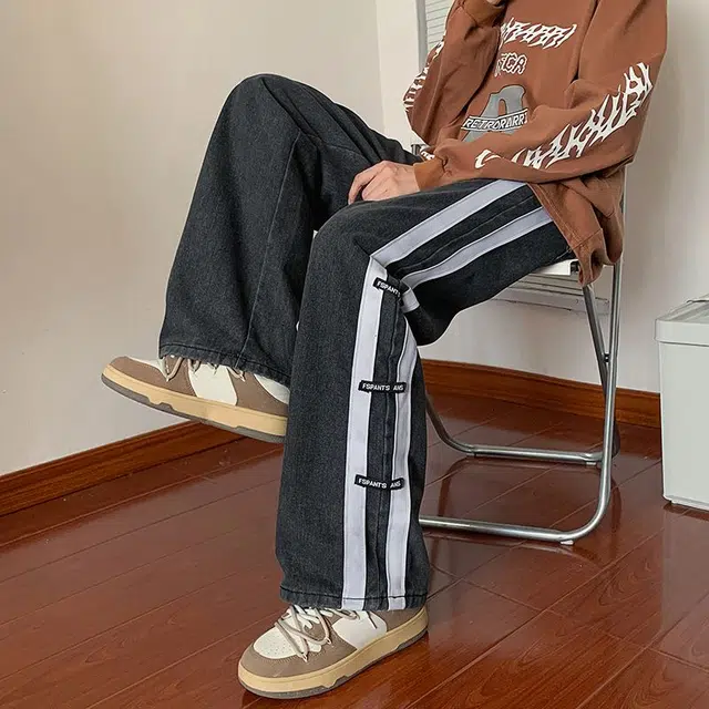 大格子与黑猫 美式复古阔腿男宽松直筒拼接工装裤秋季高街大码休闲长裤子牛仔裤 男款