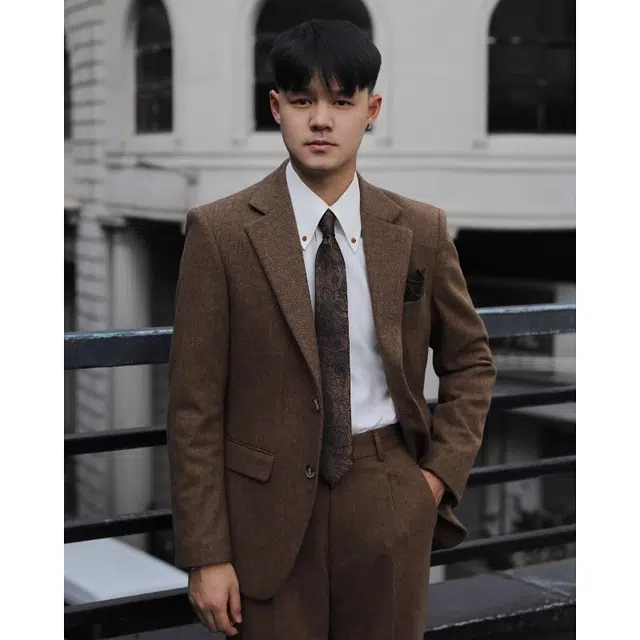 大格子与黑猫 复古英伦雅痞咖啡色风休闲羊毛粗花呢人字纹修身文艺甜茶外套西装 男款