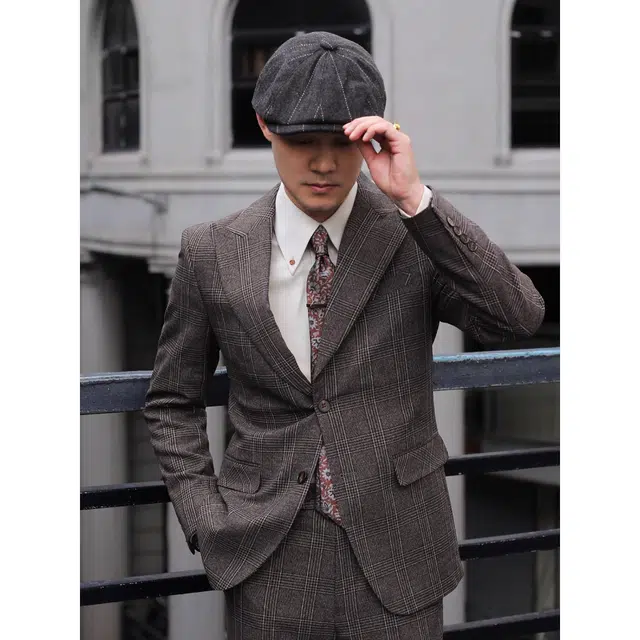 大格子与黑猫 英伦复古戗驳领威尔士亲王格纹西服结婚新郎婚礼雅痞绅士修身西装 男款