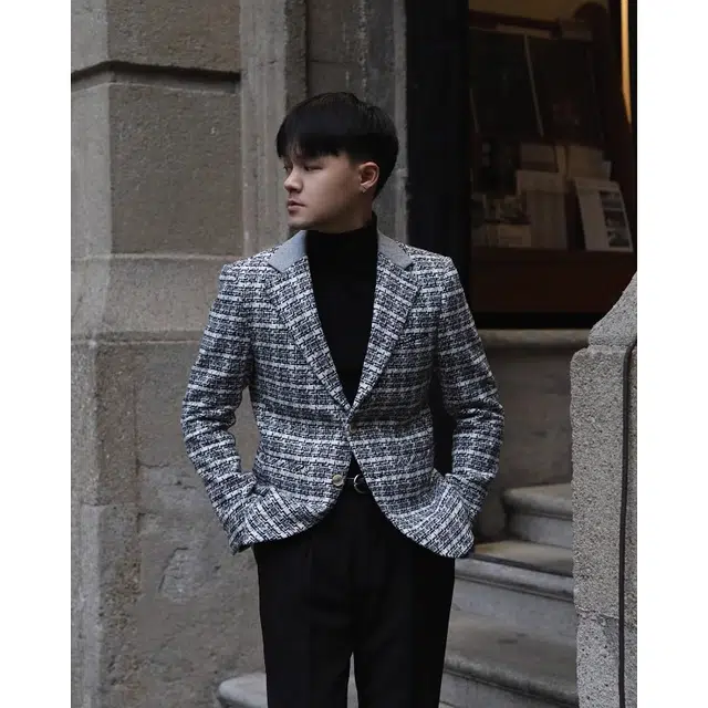 大格子与黑猫 英伦时髦秋冬厚款拼接小香风羊毛混纺保暖复古休闲修身外套西装 男款