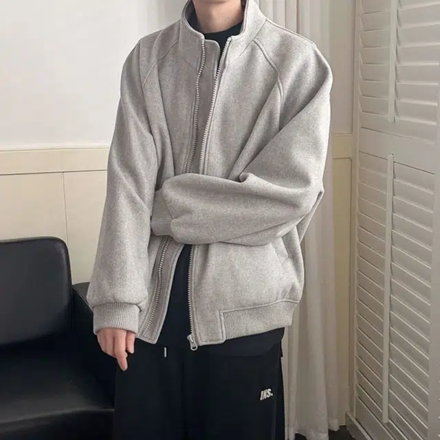 大格子与黑猫 韩版秋冬立领毛呢男女情侣宽松休闲纯色加厚外套夹克 男款