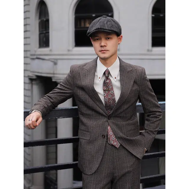 大格子与黑猫 英伦复古戗驳领威尔士亲王格纹西服结婚新郎婚礼雅痞绅士修身西装 男款